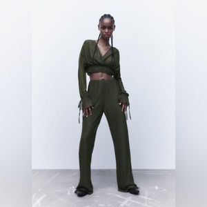 Zara Flared Pleated Pants Dark Green Zara Pants